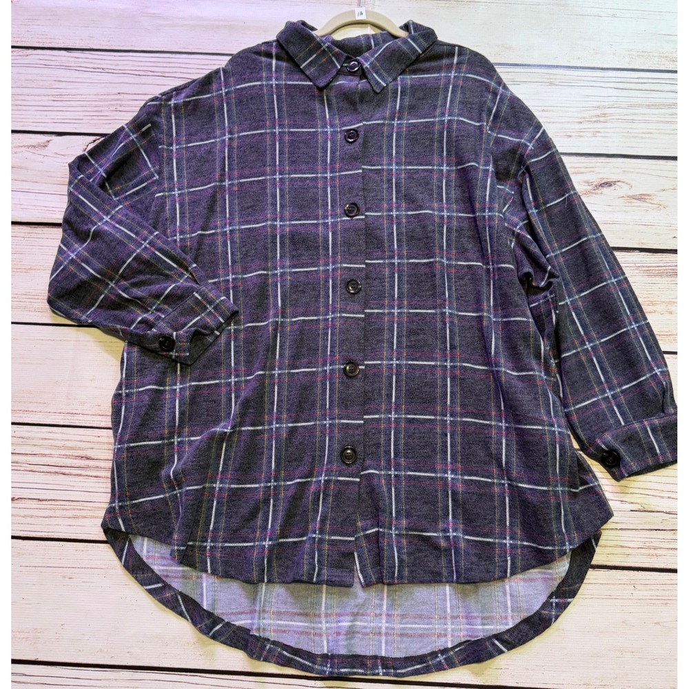 Zenana Plaid Button Down Shirt Womens 3X Charcoal Grey Purple High Low Shacket